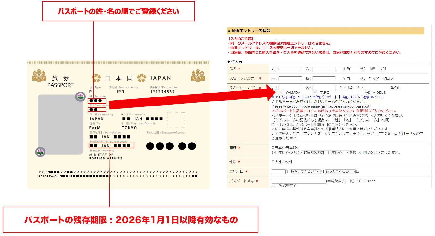パスポートの姓・名の順でご登録ください。パスポートの残存期限：2026年1月1日以降有効なもの